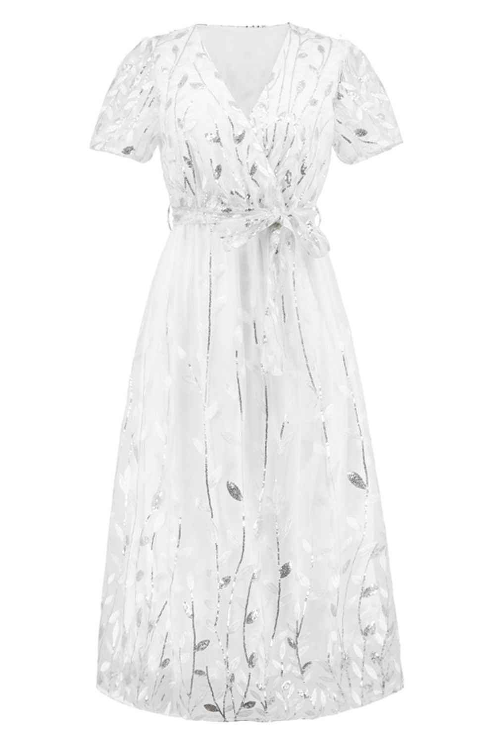 Sequin Leaf Embroidery Tie Front Short Sleeve Dress for a perfect OOTD – dress to impress outfits from Amexza