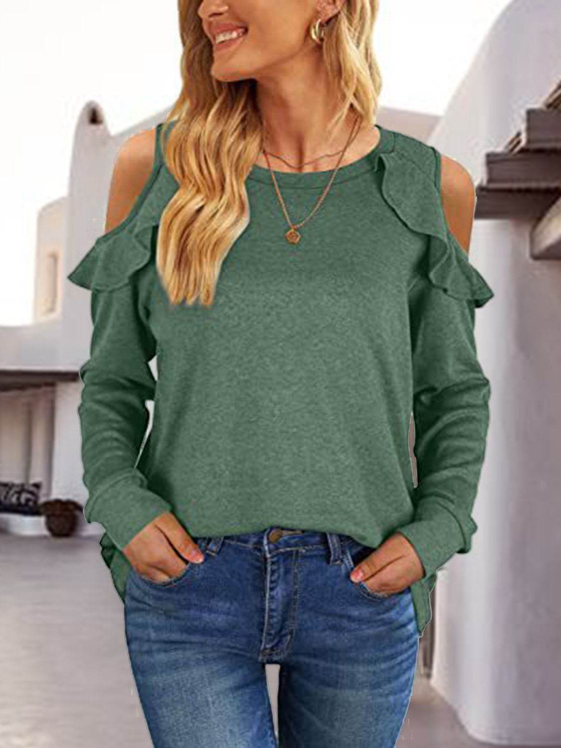 Round Neck Ruffled Cold-Shoulder Blouse Dark Green for a perfect OOTD – dress to impress outfits from Amexza