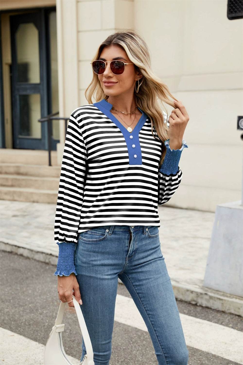 Contrast Striped Notched Long Sleeve Top for a perfect OOTD – dress to impress outfits from Amexza