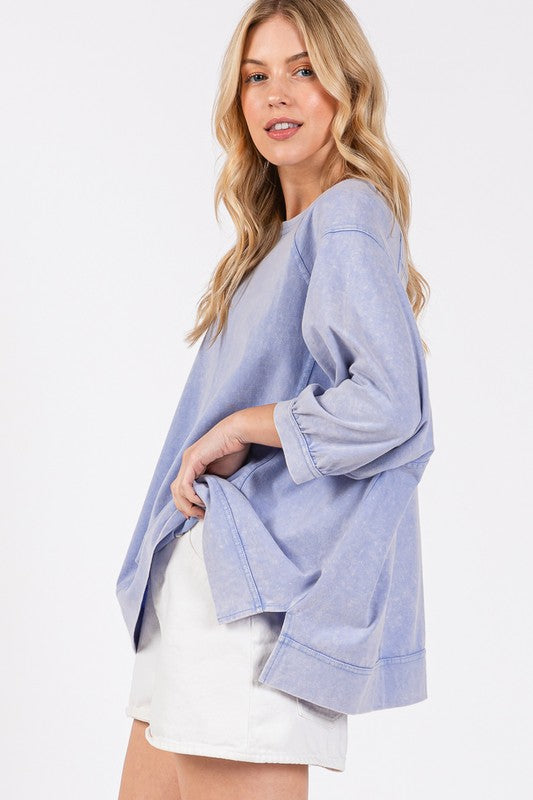 SAGE + FIG Mineral Washed Side Slit Round Neck Sweatshirt for a perfect OOTD – dress to impress outfits from Amexza