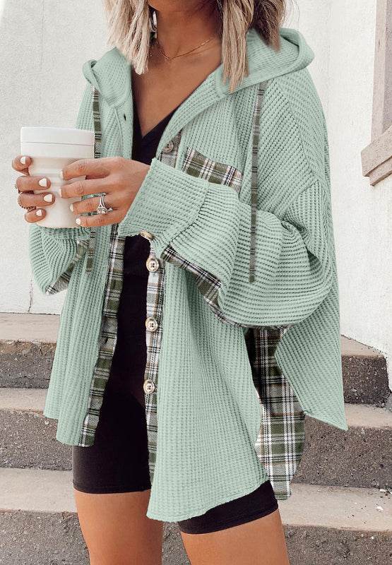 Waffle Knit Plaid Patchwork Drawstring Hooded Shacket Sage for a perfect OOTD – dress to impress outfits from Amexza