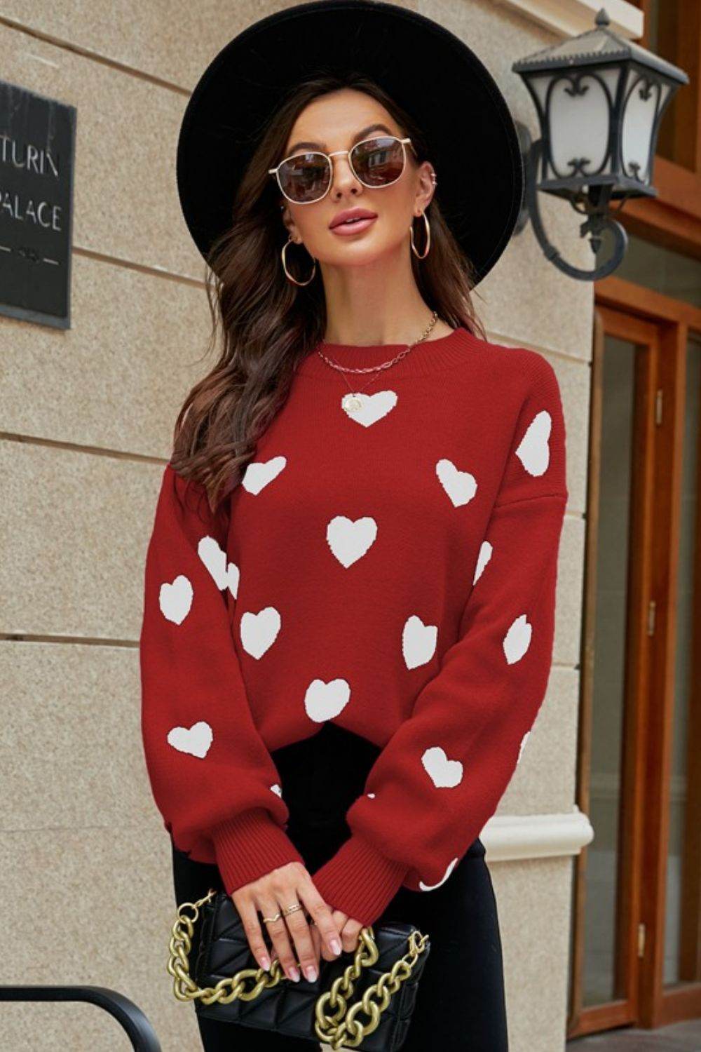 Woven Right Heart Pattern Lantern Sleeve Round Neck Tunic Sweater for a perfect OOTD – dress to impress outfits from Amexza