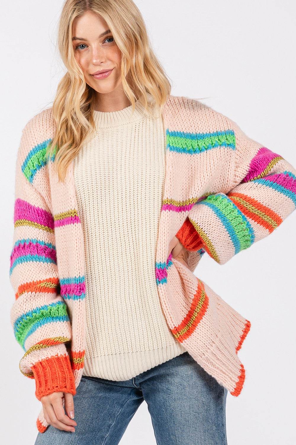 SAGE + FIG Rainbow Striped Open Front Knit Cardigan - Amexza