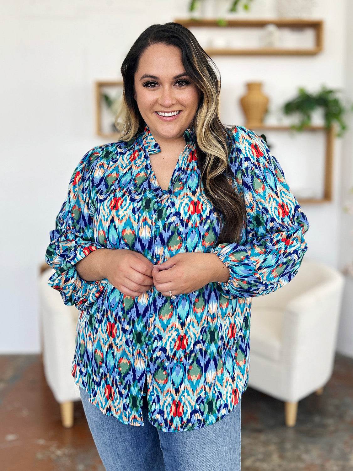 Double Take Full Size Printed Balloon Sleeve Blouse - Amexza