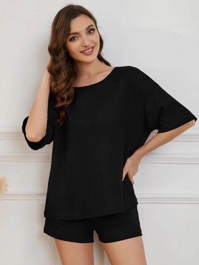 Round Neck Half Sleeve Top and Shorts Lounge Set Black for a perfect OOTD – dress to impress outfits from Amexza