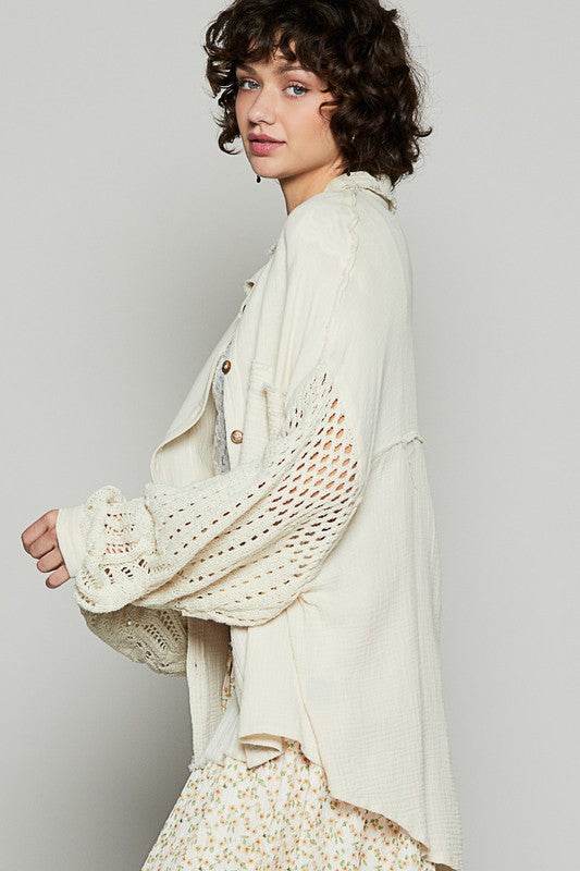 POL Openwork Lantern Sleeve Button Down Gauze Shirt for a perfect OOTD – dress to impress outfits from Amexza