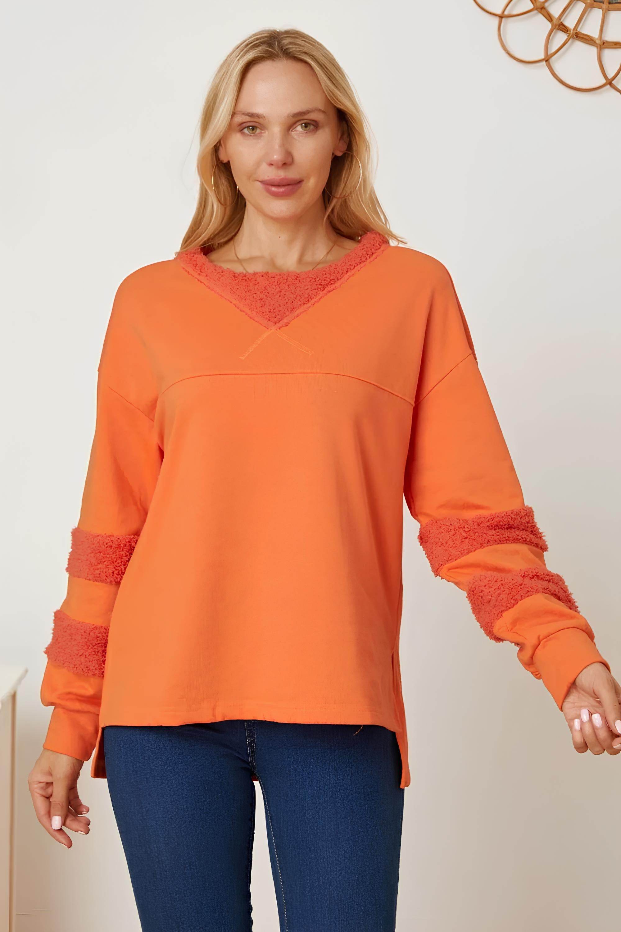 High-Low Round Neck Long Sleeve Sweatshirt - Amexza