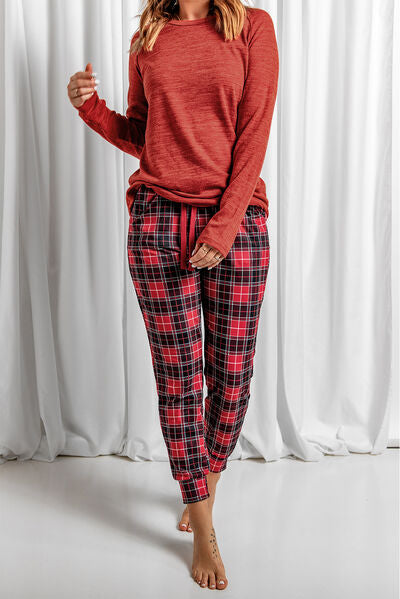 Round Neck Top and Drawstring Plaid Pants Lounge Set for a perfect OOTD – dress to impress outfits from Amexza