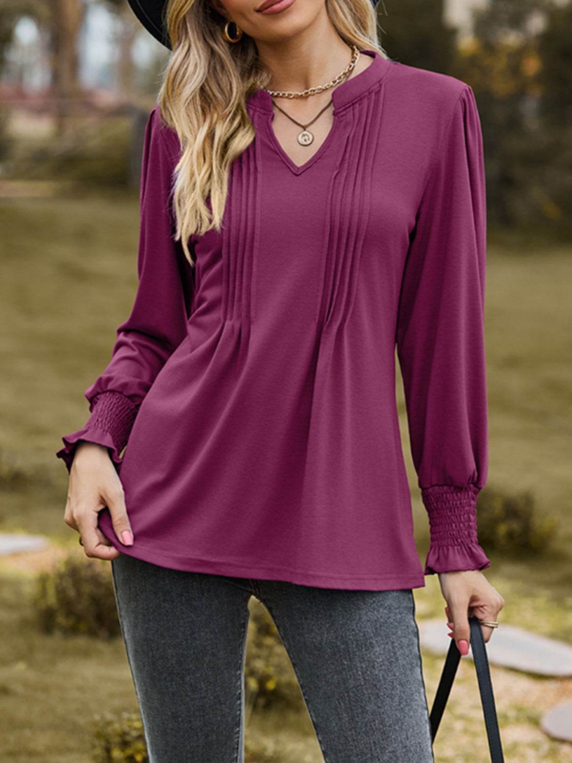 Ruched Notched Long Sleeve T-Shirt Deep Purple for a perfect OOTD – dress to impress outfits from Amexza