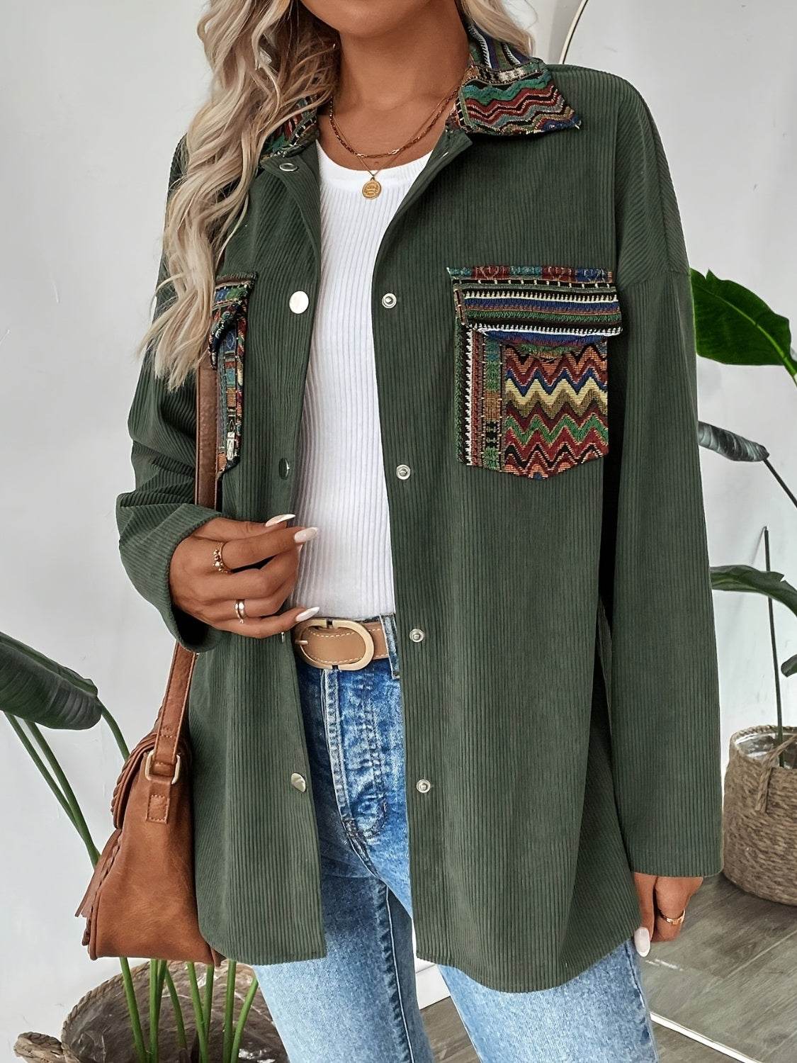 Snap Down Long Sleeve Jacket with Chest Pockets - Amexza