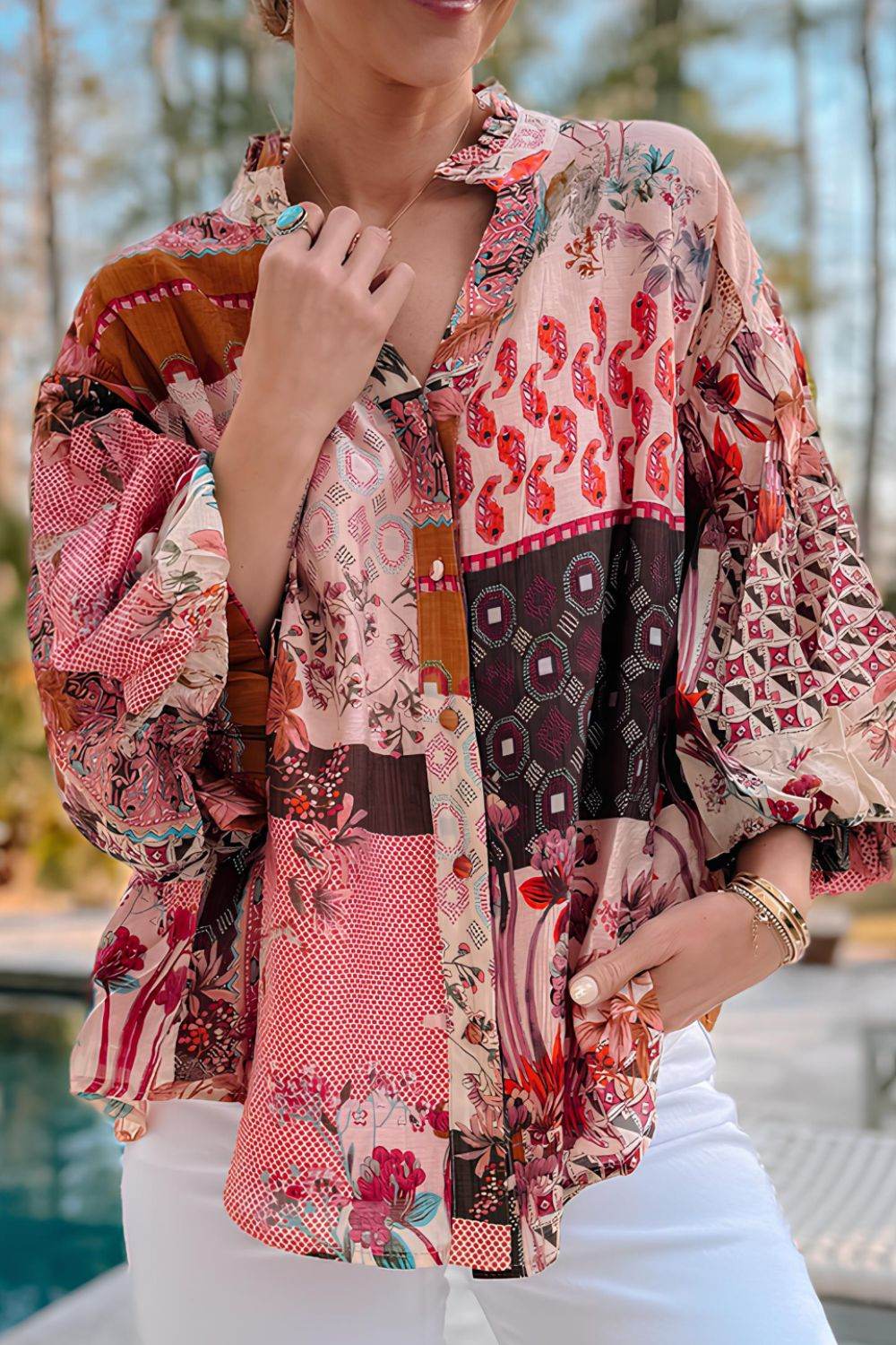 Patchwork Printed Notched Flounce Sleeve Shirt Floral for a perfect OOTD – dress to impress outfits from Amexza