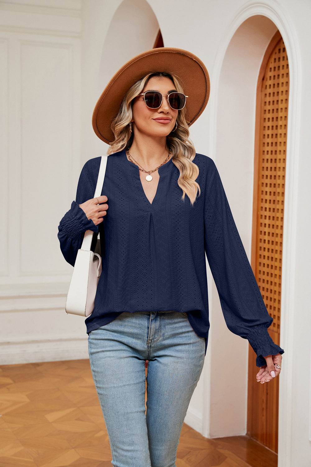 Notched Neck Flounce Sleeve Blouse Navy for a perfect OOTD – dress to impress outfits from Amexza