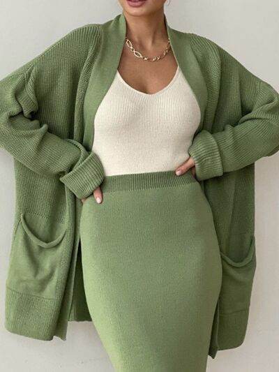 Pocketed Long Sleeve Cardigan and Skirt Sweater Set - Amexza