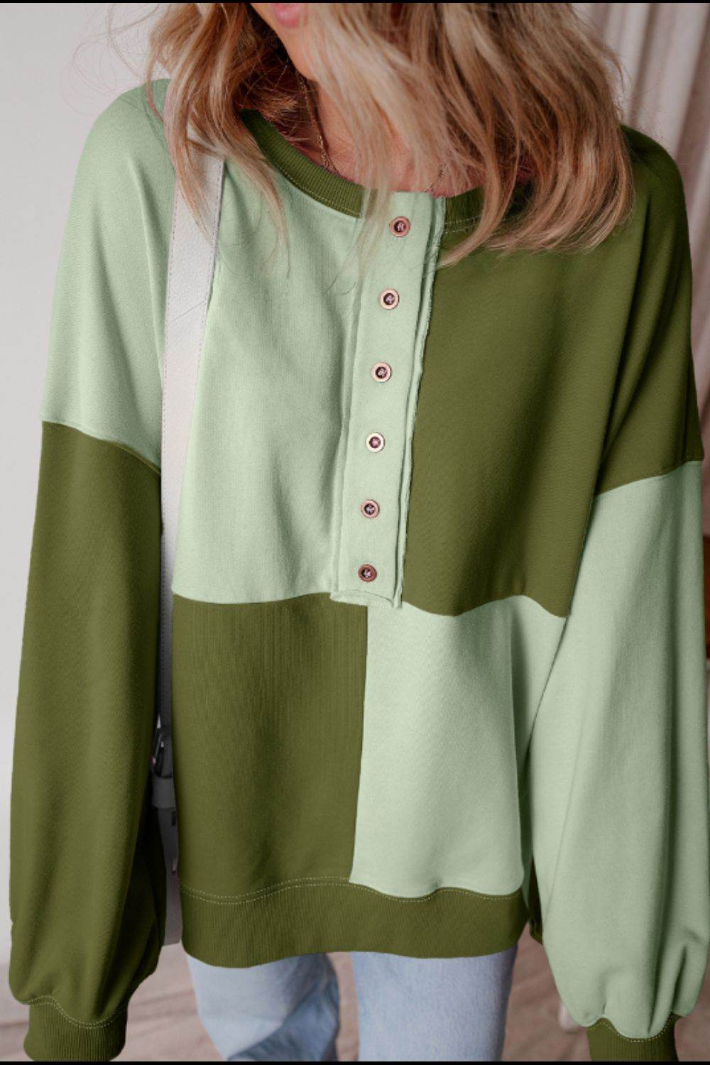 Color Block Half Button Long Sleeve Sweatshirt - Amexza