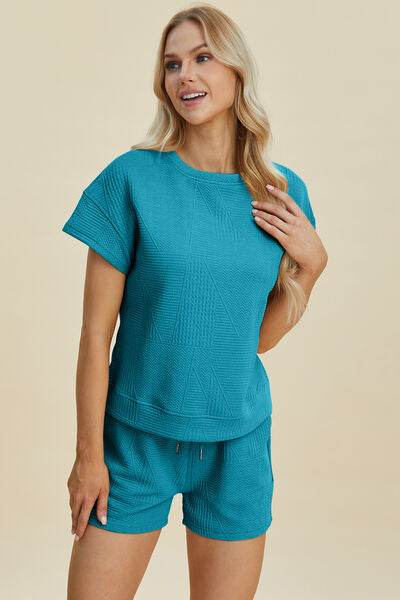 Double Take Full Size Texture Short Sleeve Top and Shorts Set for a perfect OOTD – dress to impress outfits from Amexza