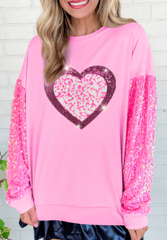 Valentine’s Day Sequin Heart Long Sleeve Sweatshirt - Amexza