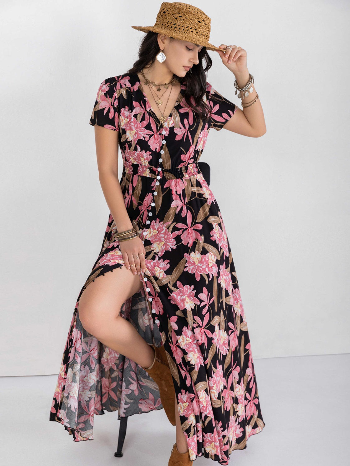 Floral V-Neck Slit Dress