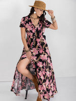 Floral V-Neck Slit Dress - Amexza
