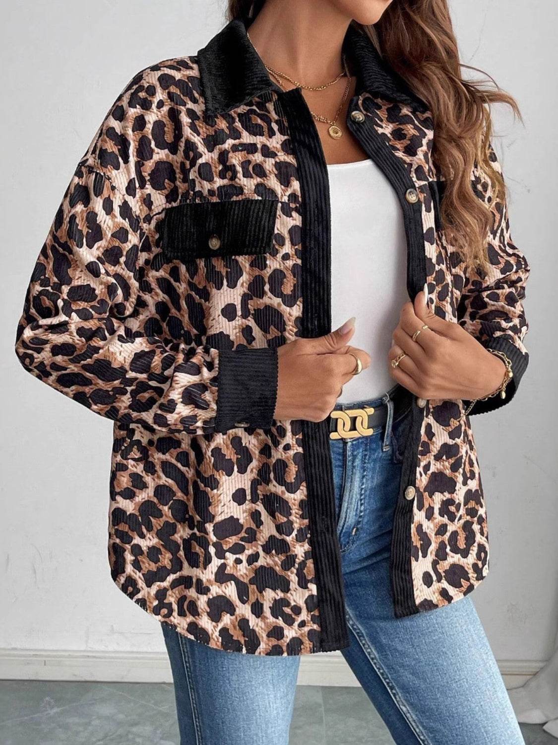 Leopard Collared Neck Button Up Shacket for a perfect OOTD – dress to impress outfits from Amexza