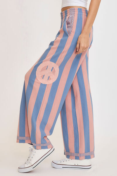 Umgee Peace Sign Patch Striped Wide Leg Pants for a perfect OOTD – dress to impress outfits from Amexza