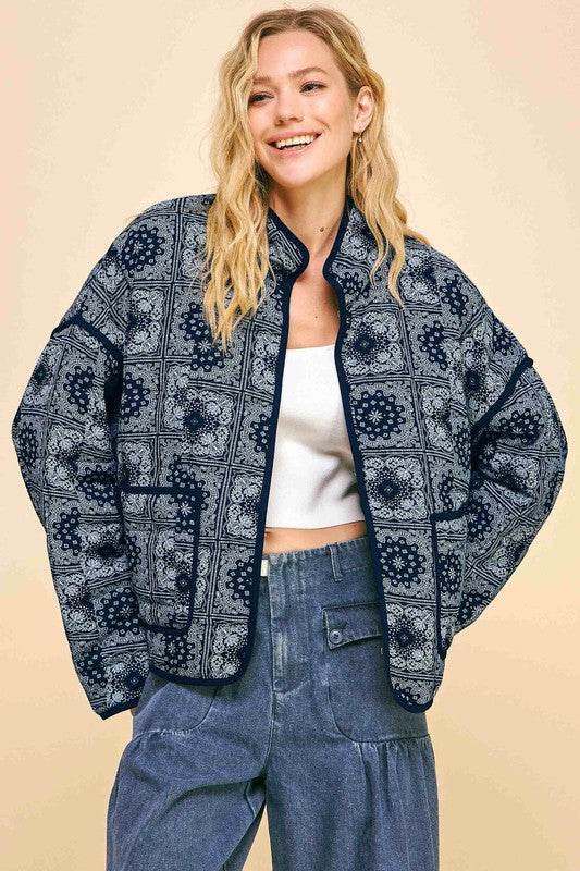 Davi & Dani Vintage Print Open Front Jacket with Pockets for a perfect OOTD – dress to impress outfits from Amexza