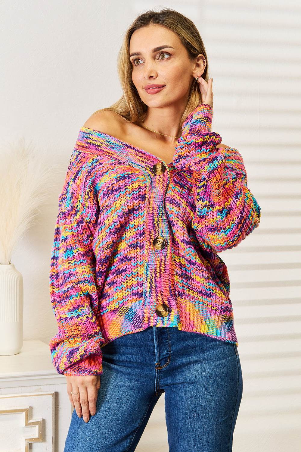 Angel Wings Woven Right V-Neck Long Sleeve Cardigan - Amexza