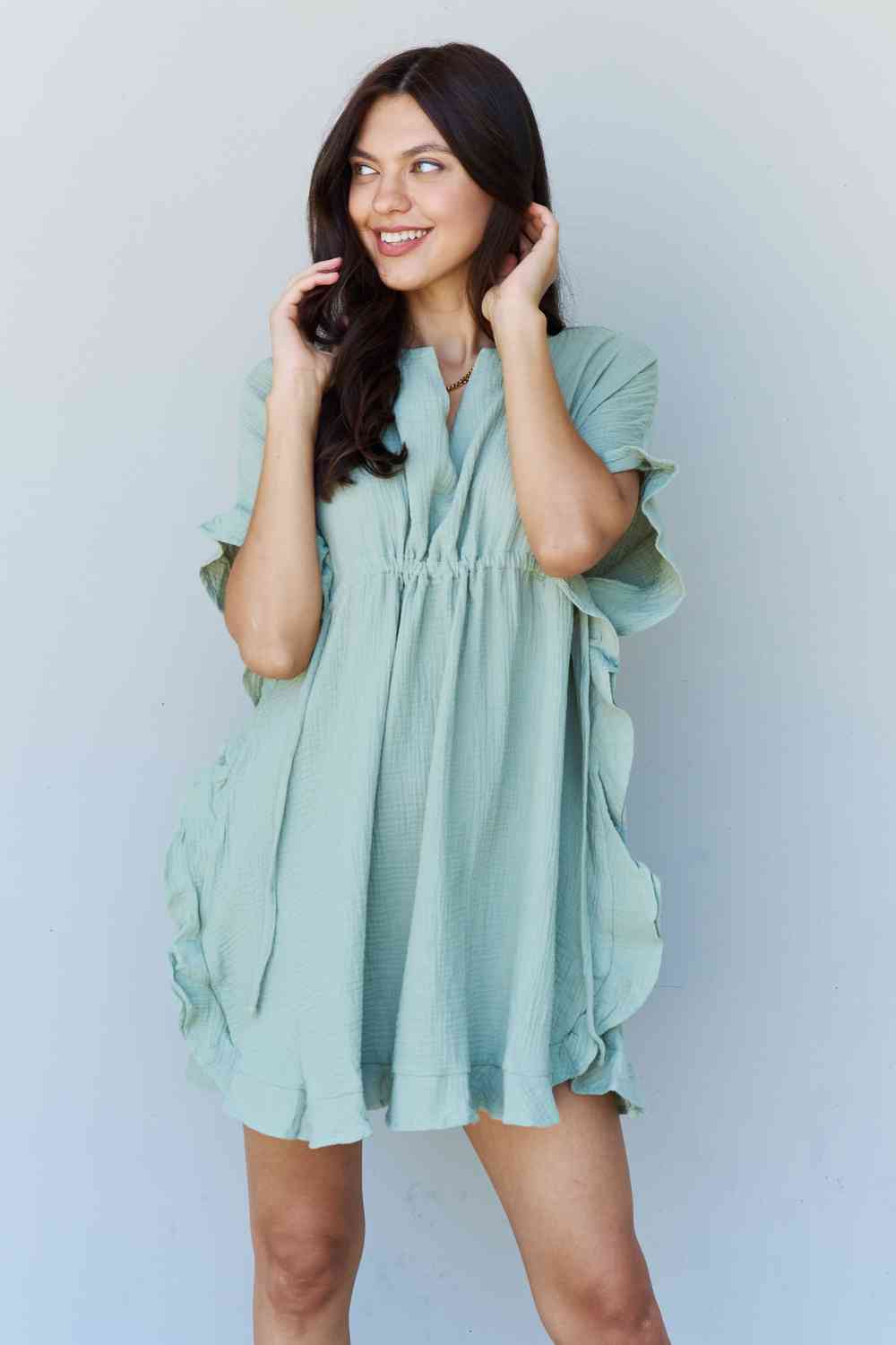 Ninexis Out Of Time Full Size Ruffle Hem Dress with Drawstring Waistband in Light Sage for a perfect OOTD – dress to impress outfits from Amexza