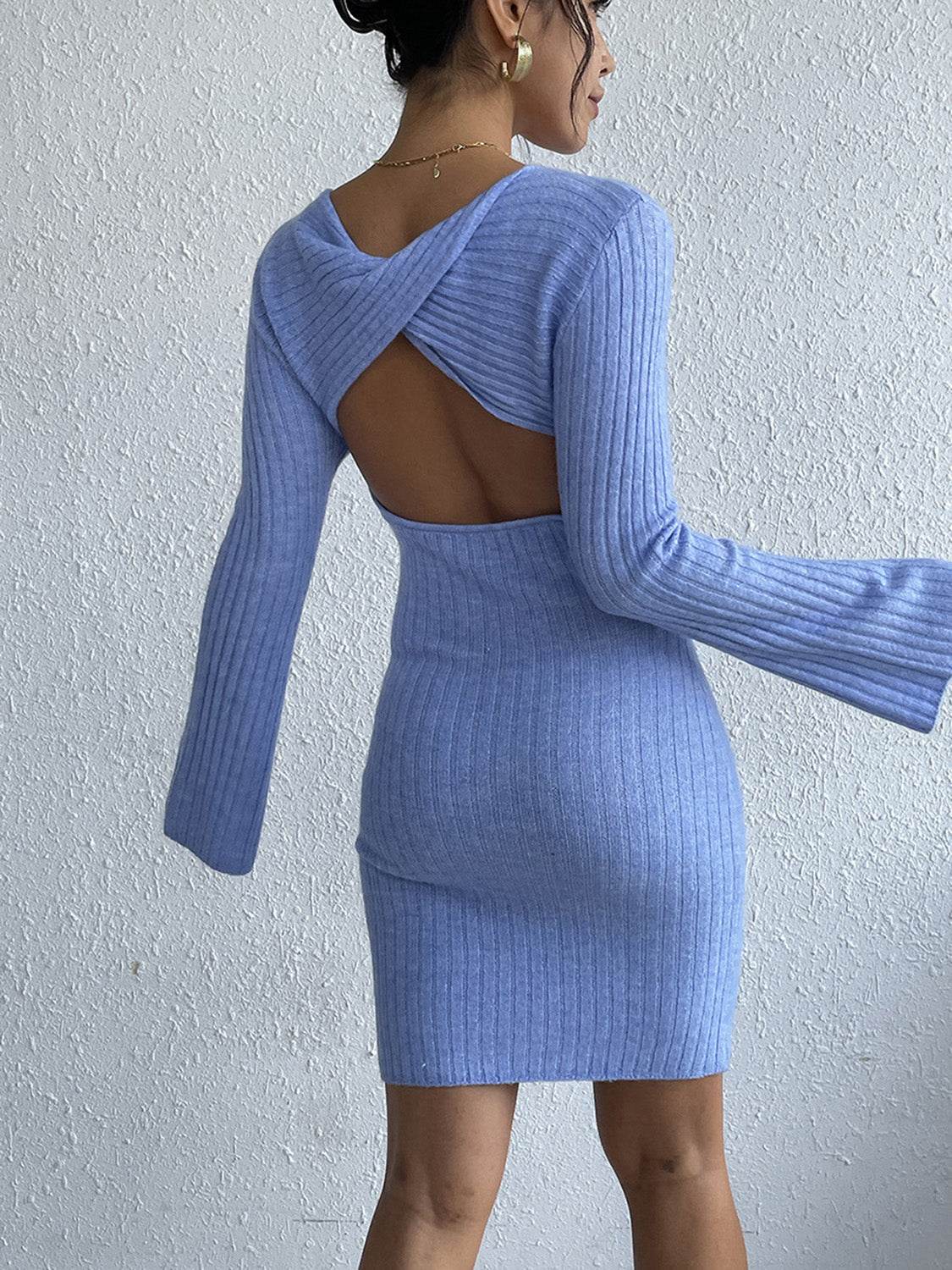 Backless Round Neck Long Sleeve Sweater Dress for a perfect OOTD – dress to impress outfits from Amexza