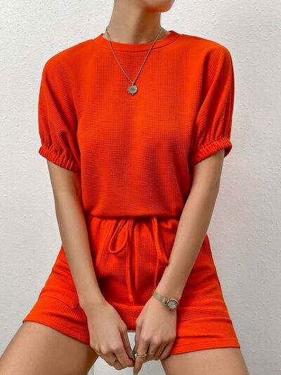 Waffle-Knit Round Neck T-Shirt and Pocketed Shorts Lounge Set Red for a perfect OOTD – dress to impress outfits from Amexza