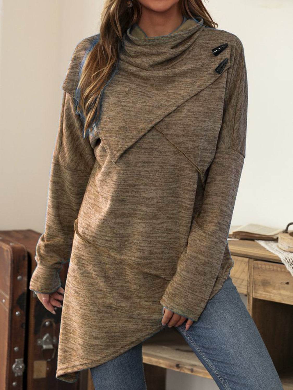 Asymmetrical Hem Cowl Neck Long Sleeve T-Shirt Coffee Brown for a perfect OOTD – dress to impress outfits from Amexza