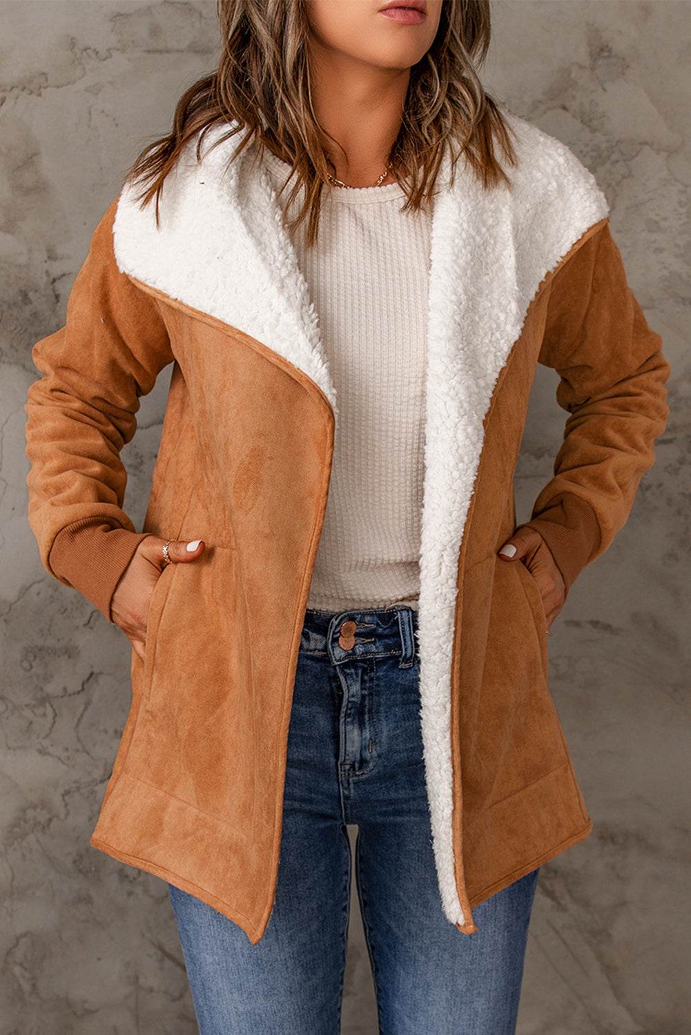 Open Front Long Sleeve Sherpa Jacket for a perfect OOTD – dress to impress outfits from Amexza