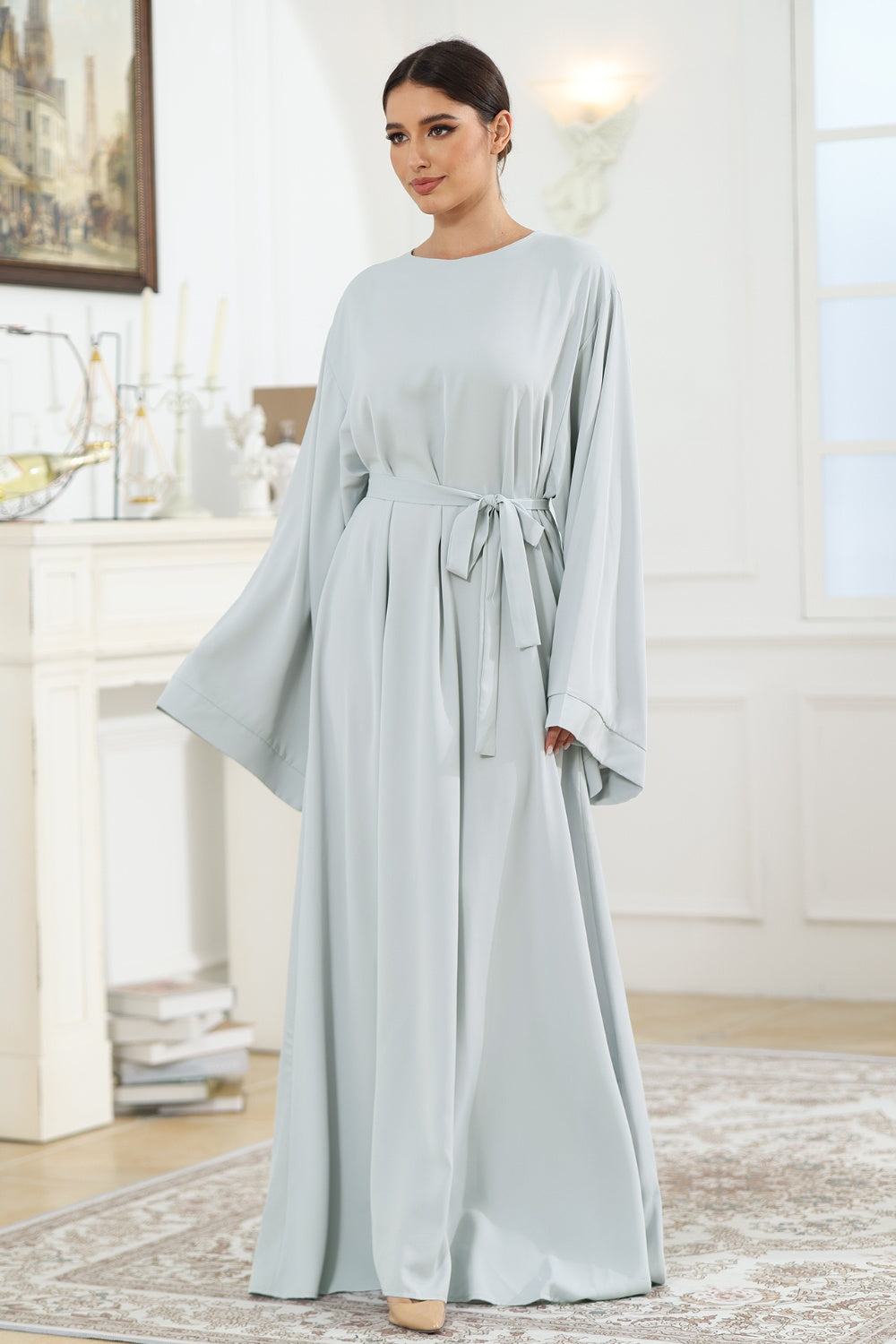 Round Neck Kimono Sleeve Tie Waist Dress