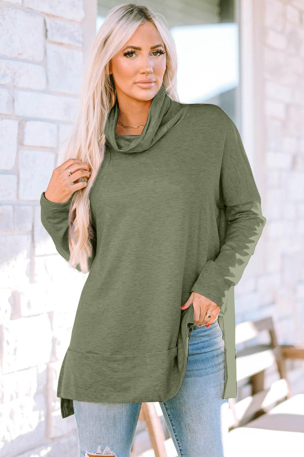 Cowl Neck Long Sleeve Slit Blouse Sage for a perfect OOTD – dress to impress outfits from Amexza