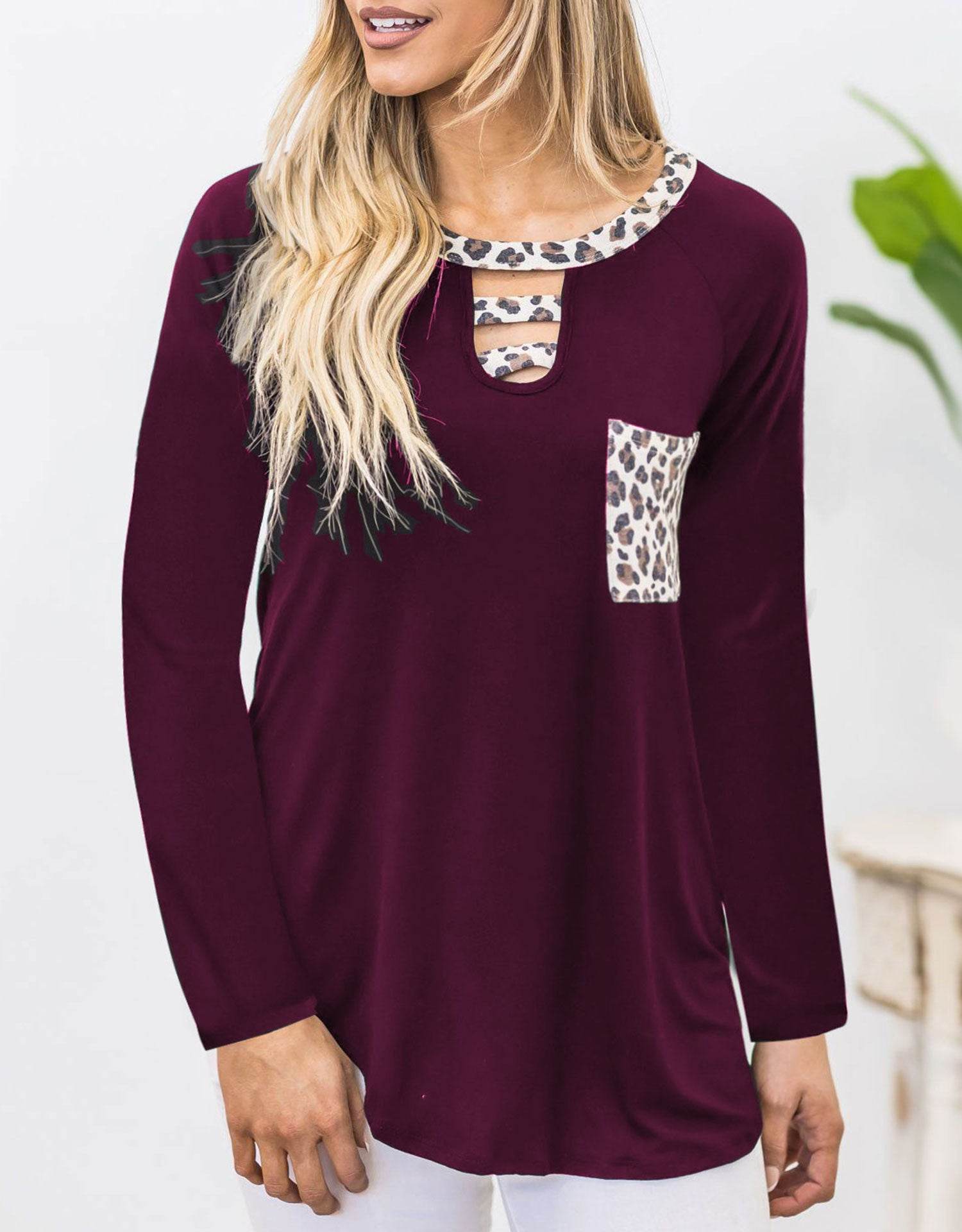 Cutout Leopard Round Neck Long Sleeve T-Shirt for a perfect OOTD – dress to impress outfits from Amexza