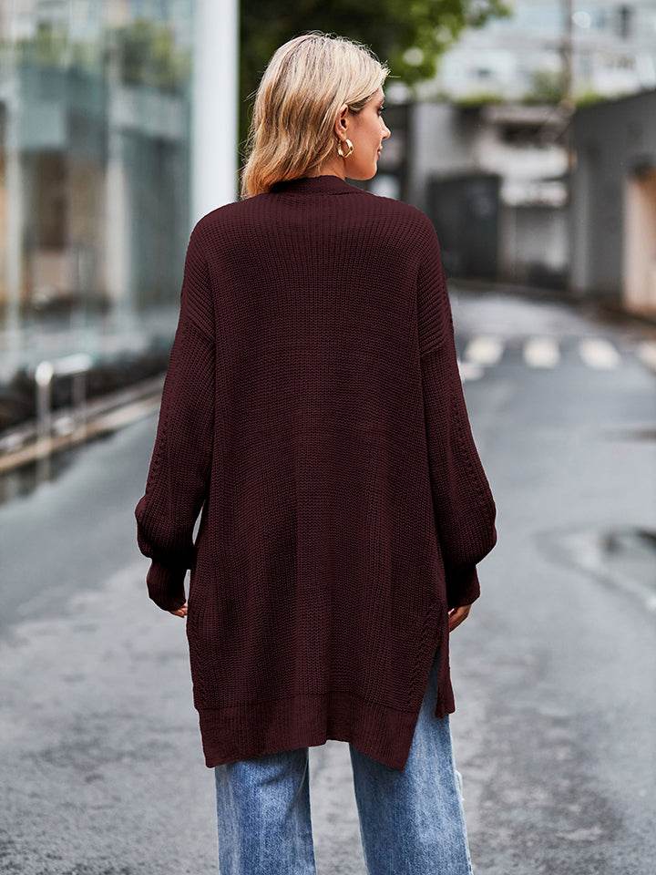 Long Sleeve Waffle-Knit Cardigan - Amexza