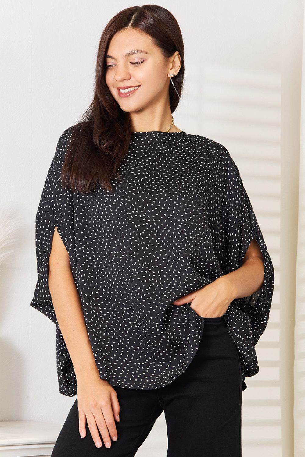 Perfee Printed Dolman Sleeve Round Neck Blouse Black for a perfect OOTD – dress to impress outfits from Amexza