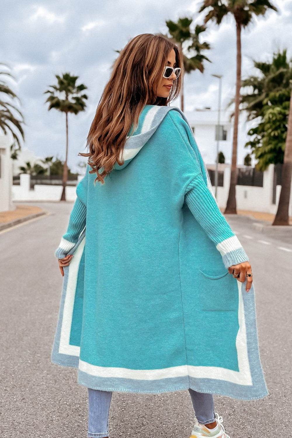 Pocketed Contrast Long Sleeve Hooded Cardigan for a perfect OOTD – dress to impress outfits from Amexza