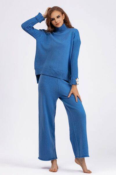 Basic Bae High- Low Turtleneck Long Sleeve Top and Pants Sweater Set Royal Blue One Size for a perfect OOTD – dress to impress outfits from Amexza