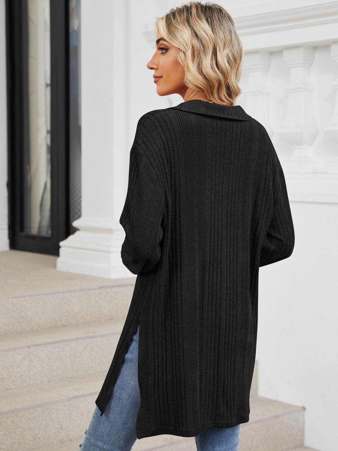 Slit Johnny Collar Long Sleeve T-Shirt for a perfect OOTD – dress to impress outfits from Amexza