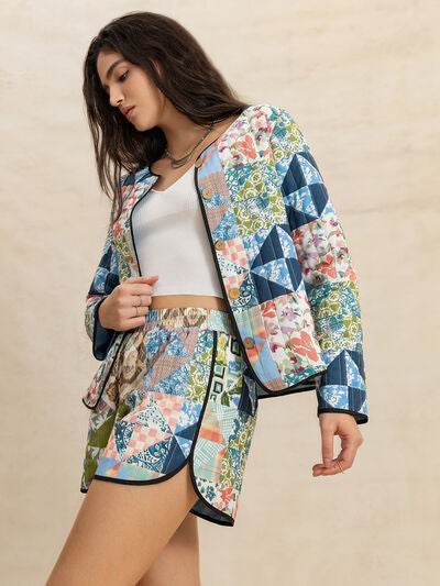 Printed Button Up Long Sleeve Outerwear and Shorts Set for a perfect OOTD – dress to impress outfits from Amexza