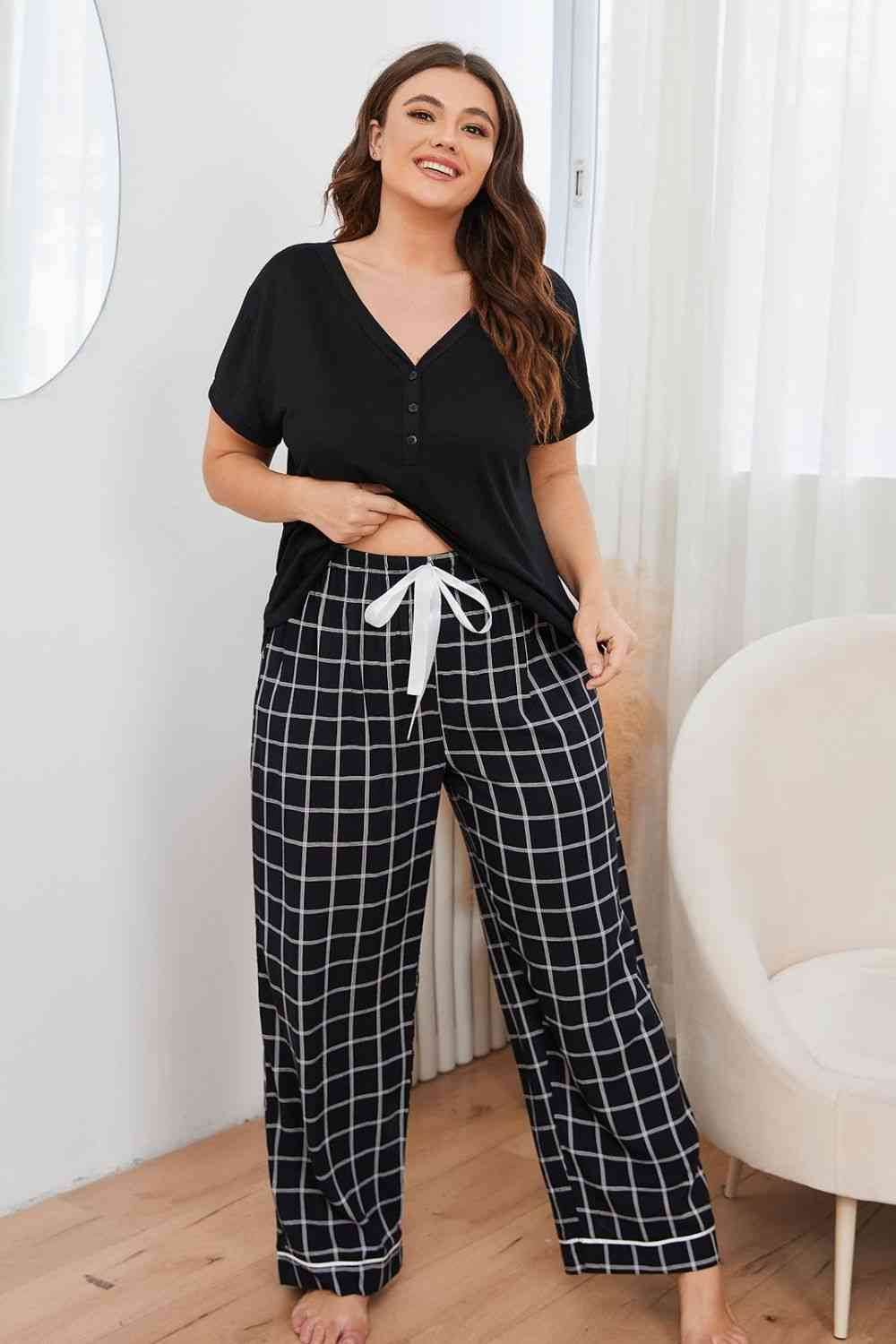 Plus Size V-Neck Top and Plaid Pants Lounge Set for a perfect OOTD – dress to impress outfits from Amexza