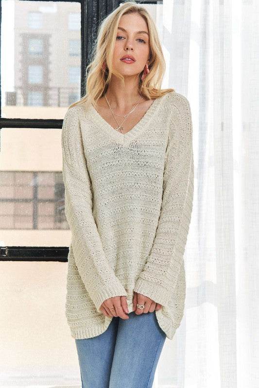 ADORA V-Neck Drop Shoulder Long Sleeve Sweater - Amexza