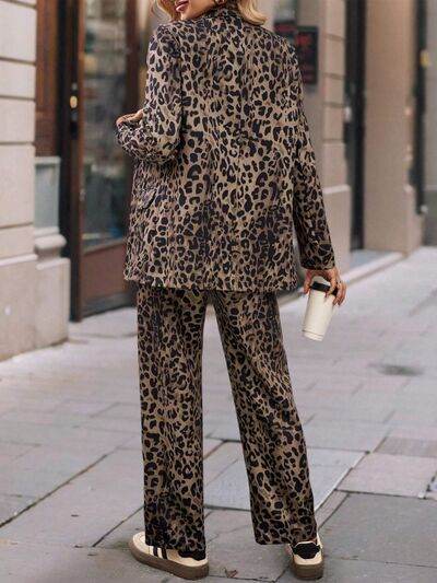 Full Size Leopard Lapel Collar Long Sleeve Blazer and Pants Set - Amexza