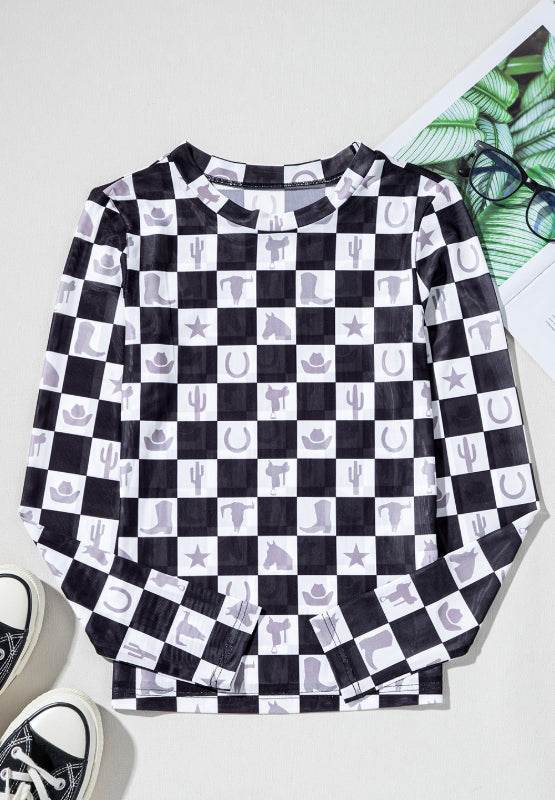 Checkered Mock Neck Long Sleeve Top for a perfect OOTD – dress to impress outfits from Amexza