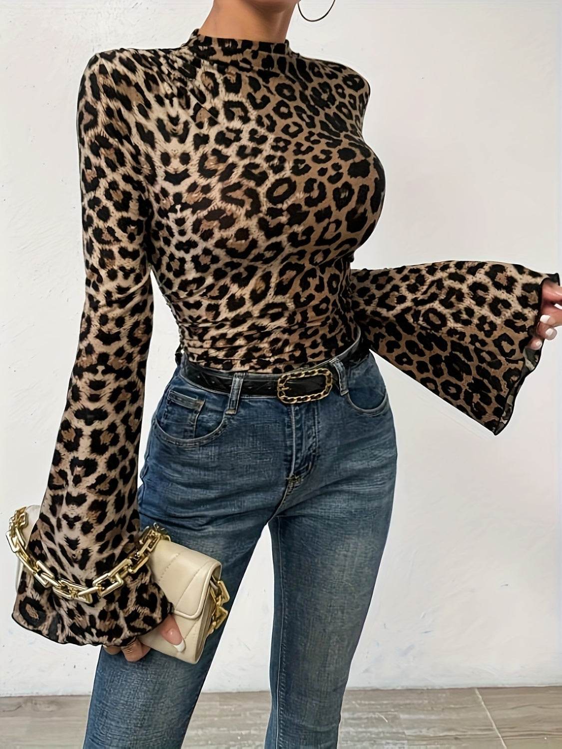 Leopard Mock Neck Flare Sleeve Top for a perfect OOTD – dress to impress outfits from Amexza