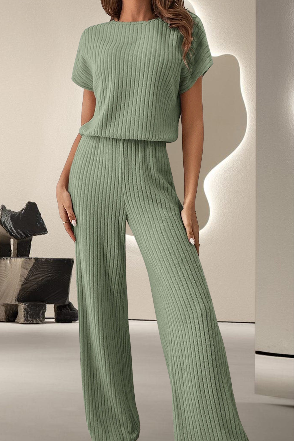 Round Neck Short Sleeve Jumpsuit - Amexza