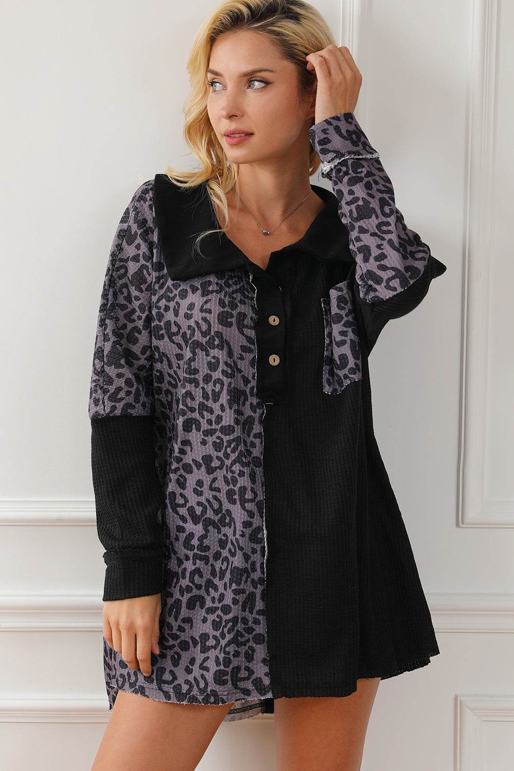 Half Button Leopard Collared Neck Blouse Black for a perfect OOTD – dress to impress outfits from Amexza