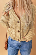 Cable-Knit Button Down V-Neck Cardigan - Amexza