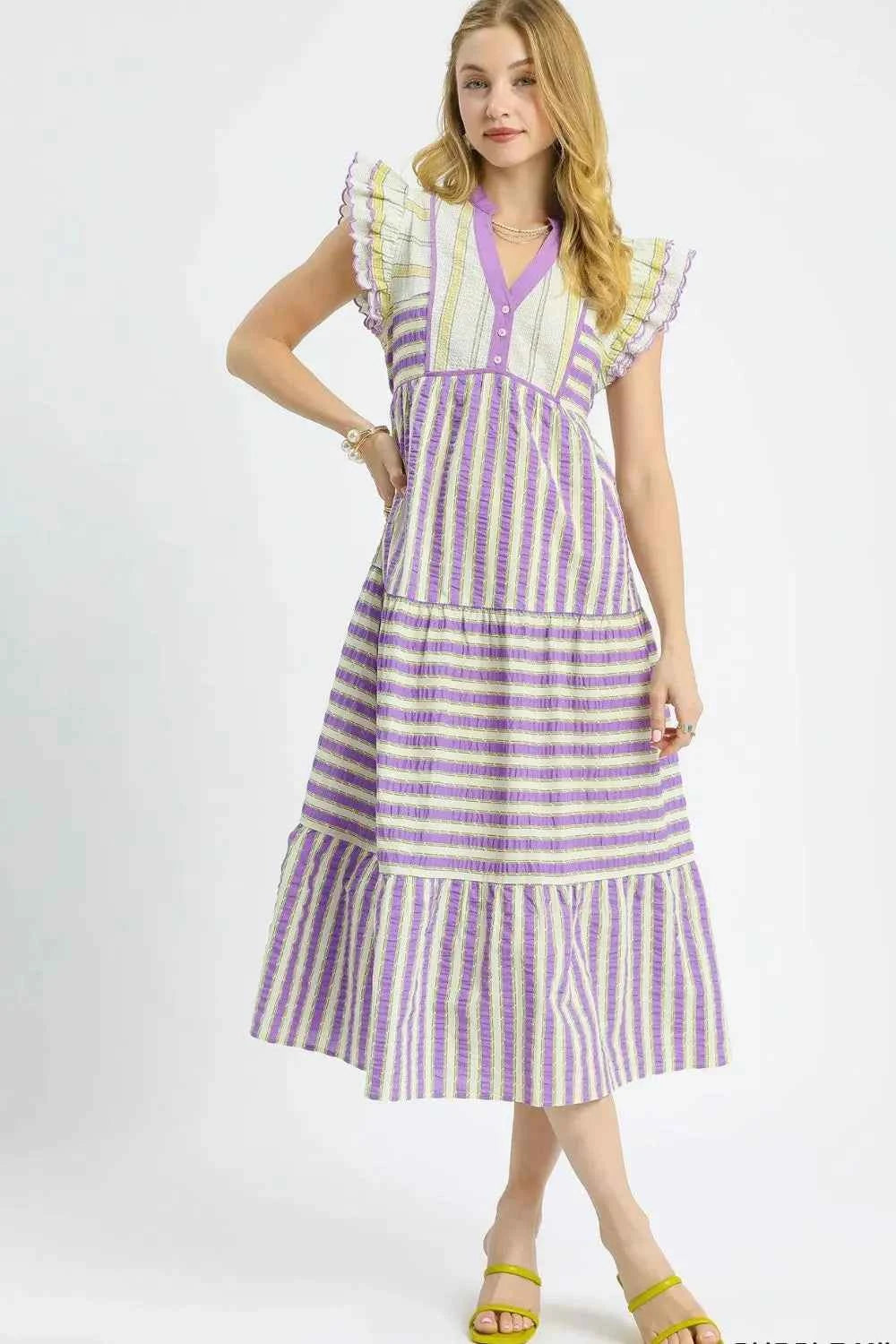 Umgee Striped Ruffle Cap Sleeve Midi Dress