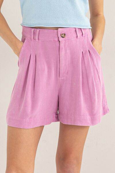 HYFVE High Waist Pleated Linen Shorts Pink for a perfect OOTD – dress to impress outfits from Amexza